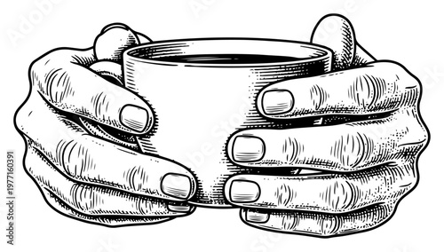 Hands holding a cup of hot coffee or tea vintage woodcut engraving style vector illustration