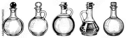 Hand Drawn Vector Set of Glass Oil and Vinegar Bottles with Stoppers in Vintage Engraving Style