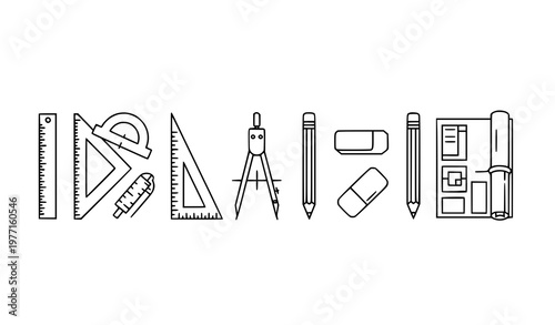 Minimal drafting and architectural tools outline icons vector set with rulers protractors compasses pencils and blueprints line-art