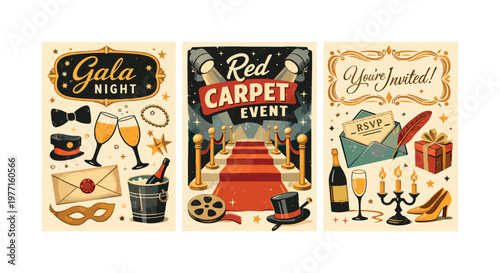 Gala Night and Red Carpet Event Invitations with Festive Elements