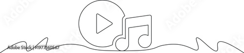 A minimalist line drawing of a play button and music note on a wavy line