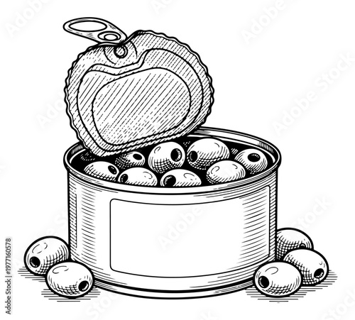 Open Metal Tin Can Filled with Olives and Pulled Lid in Detailed Vintage Engraving Vector Style