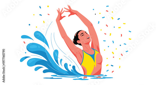 Dancing woman, swimming pool party, colorful confetti, summer fun