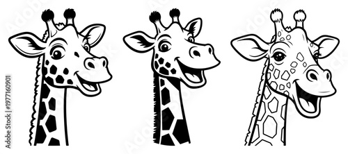 Cute giraffe head cartoon vector illustration set showing happy animal faces for mascot design