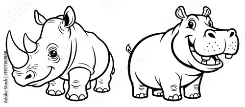 Cartoon rhinoceros and hippopotamus vector illustration featuring cute wild safari animals in black and white style
