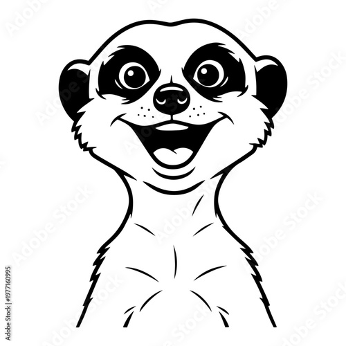Happy smiling meerkat portrait head shot black and white cartoon vector illustration