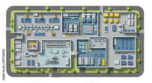 Aerial view of a modern industrial factory complex layout.