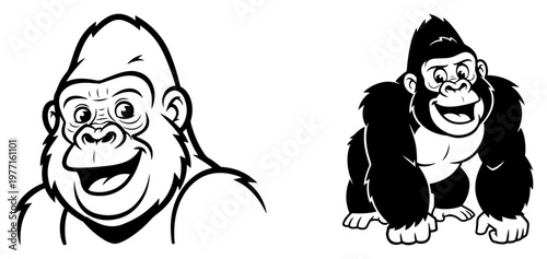 Funny Cartoon Gorilla Mascot Vector Illustration in Two Poses Smiling and Walking