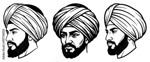 Detailed Vector Line Art Portrait of Bearded Man Wearing Traditional Turban in Multiple Views