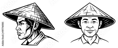 Asian farmer portrait vector illustration wearing traditional conical hat in profile and front view sketch style