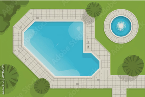 Top view vector illustration of a modern irregular shaped swimming pool with fountain and stone tiling