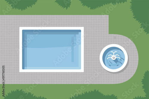 Top view vector illustration of a rectangular swimming pool and round fountain on a stone patio