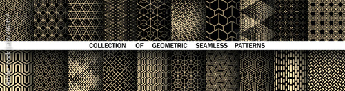 Geometric set of seamless black and golden patterns. Simple vector graphics