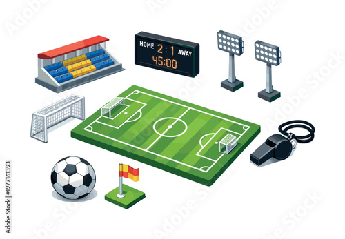 Isometric soccer field and equipment collection for sports and game design