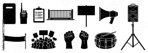 Protest and demonstration icon set vector illustration featuring riot gear megaphone signs and raised fists