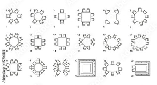 Collection of different table and chair arrangements for meetings.