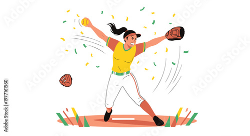 Softball player, woman throwing ball, baseball illustration, sports vector, celebration