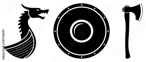 Viking warrior symbols set with dragon ship shield and battle axe silhouette vector illustration