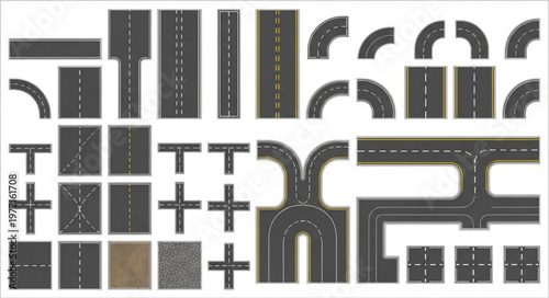 Collection of various road segments and intersections for game design.