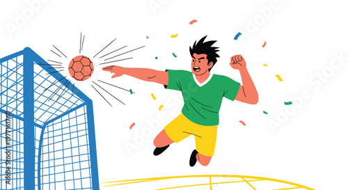 Soccer player kicking ball, goal celebration, sports vector, football illustration, athletic action