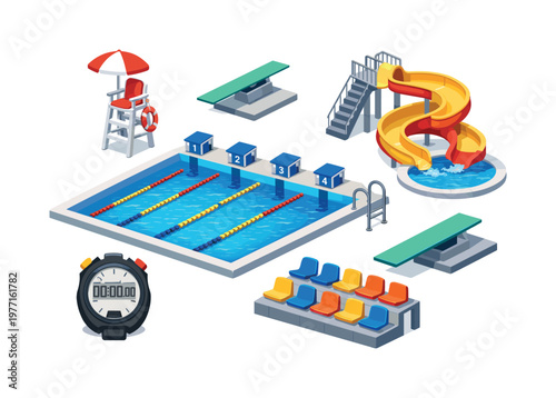 Isometric swimming pool elements including diving boards, starting blocks, and a water slide