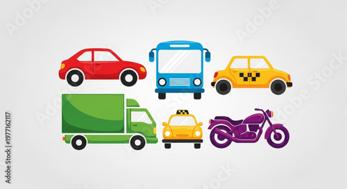 Collection of diverse vehicles including cars bus truck and motorcycle.