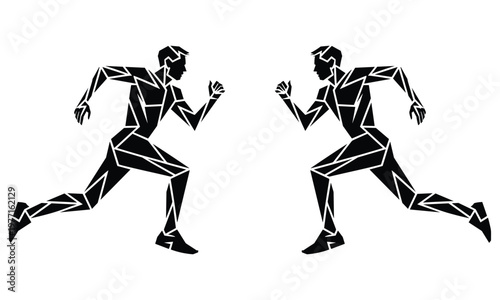 Two Stylized Athletes Running Opposite Directions Dynamic Motion Fitness Concept Illustration