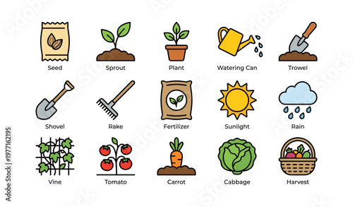 Essential gardening icons: tools, plants, and weather elements
