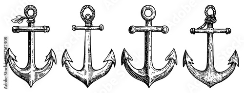 Vintage nautical anchor vector illustration set with rope details in hand drawn engraving style