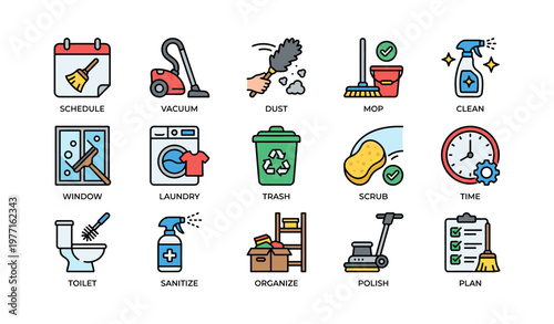 Household cleaning icons: vacuum, mop, laundry, sanitize, organize