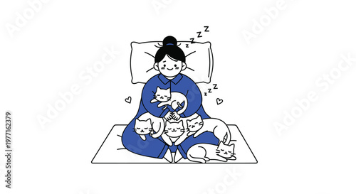 Cute woman, sleeping cats, blue robe, vector illustration, pet lovers, relaxation scene