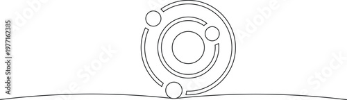A minimalist line drawing of a circular object with smaller circles on its outer ring, set against a simple white background with a subtle curved line.