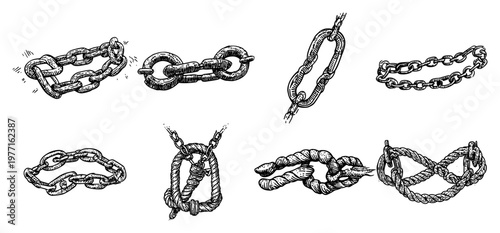 Metal chain sketch vector collection showing broken and connected links in hand drawn vintage style
