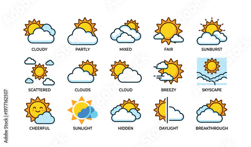 Weather icons: cloudy, sunburst, breezy, sunlight, breakthrough