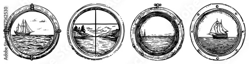 Vintage Round Ship Portholes with Seascape Views and Sailing Boats in Engraving Style