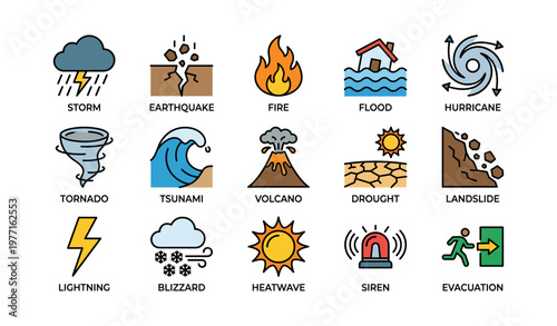 Natural disaster icons set including flood, hurricane, volcano, and more