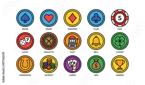 Colorful casino icons featuring suits, chips, and winning symbols