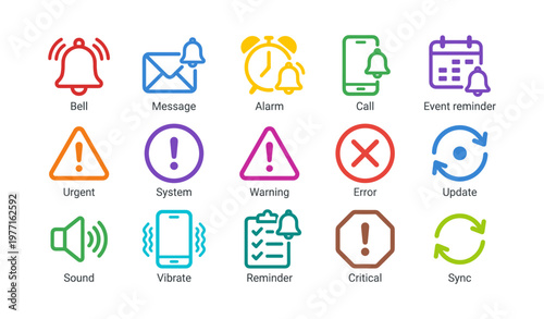 Colorful notification icons: bell, message, alarm, call, update, sync, warning, critical