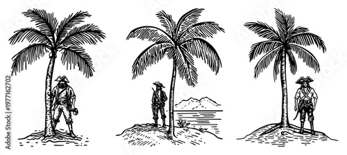 Tropical island with palm tree and pirate vector illustration in vintage engraving style