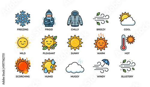 Illustrated weather icons representing various conditions from freezing to blustery