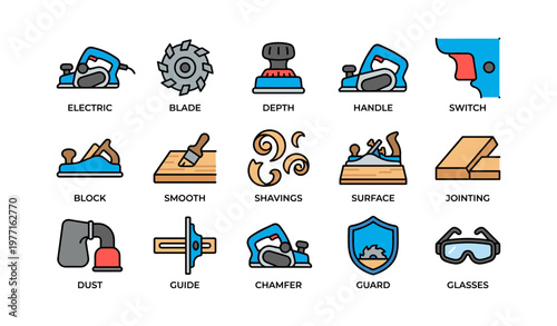 Woodworking tools icons: electric plane, blade, chamfer, jointing, dust guard