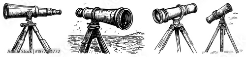 Set of antique telescope spyglass on tripod sketches for astronomy or navigation vintage woodcut engraving style vector illustration