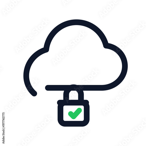 Cloud storage security, secure data protection, locked cloud icon, green checkmark