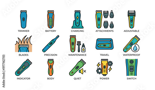 Electric hair trimmer features and accessories icons collection