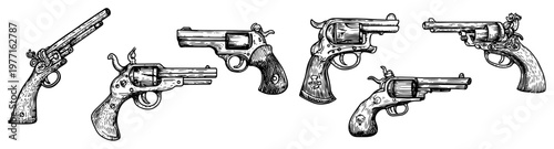 Photography Collection of vintage cowboy revolvers and antique pistols wild west weaponry wo