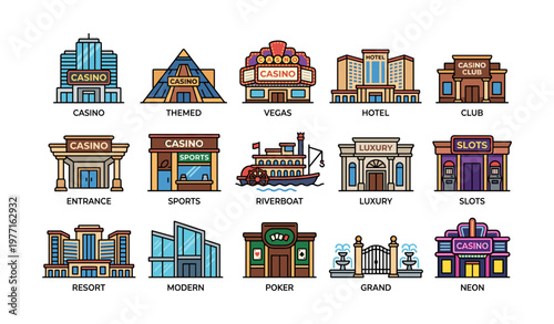 Colorful casino and hotel icon set featuring various themed designs