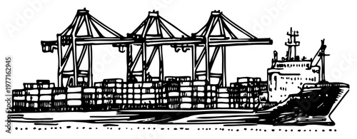 Commercial Container Ship with Port Cranes and Cargo Boxes Vector Sketch
