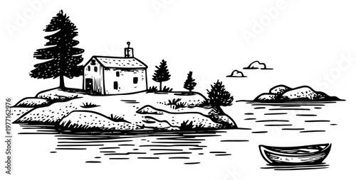 Scenic Landscape of Small Island with Cottage and Wooden Boat in Sketch Style