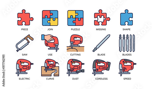 Puzzle pieces and power tools illustrations: saw, jigsaw, blades and cordless cutting tools