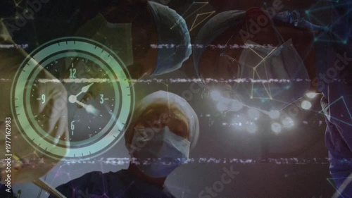 Animation of digital interface and clock over surgeons in operating theatre